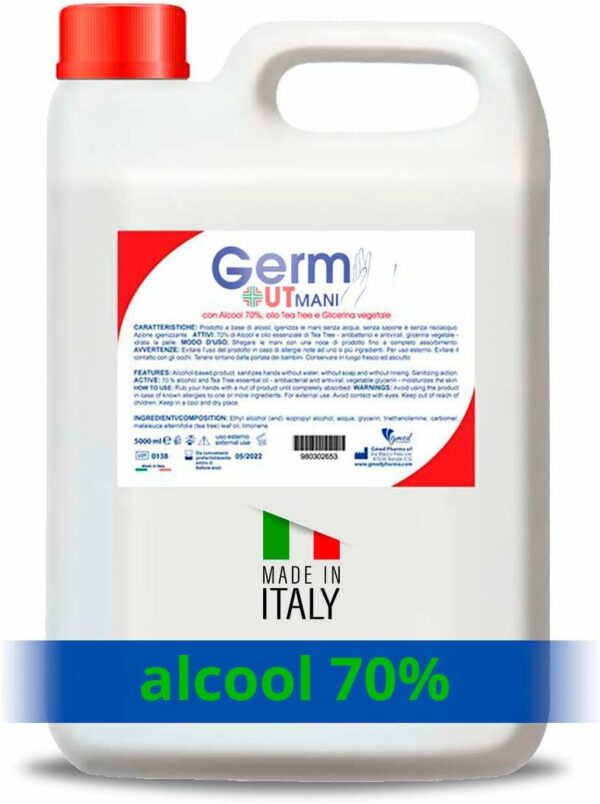 V GERM OUT - 5 Litri Gel Igienizzante Mani - Antibatterico con Tea Tree, Alcool 70% e Glicerina Naturale - Indicato Per Pelli Delicate - Ricarica per Dispenser - Disinfettante